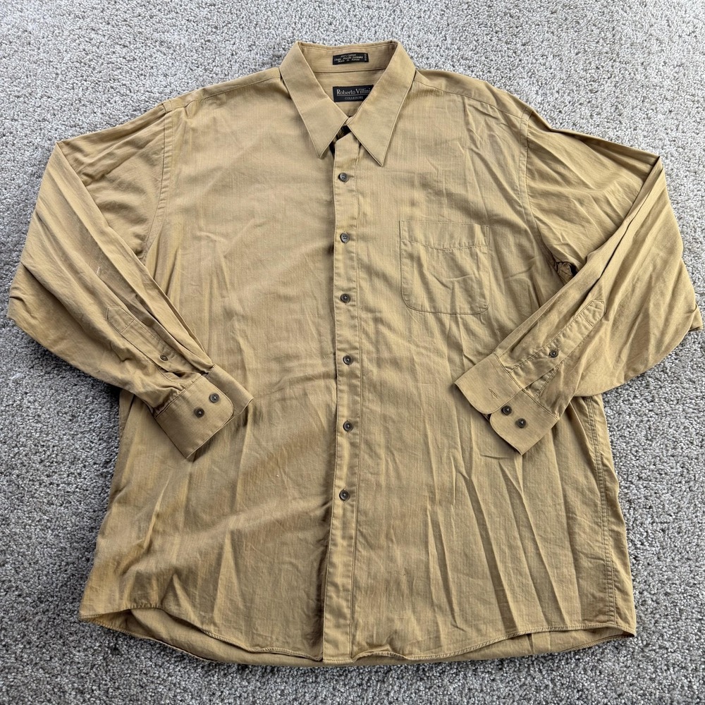 Roberto Villini Dress Shirt Mens 17 34/35 Brown Herringbone Long Sleeve Cotton